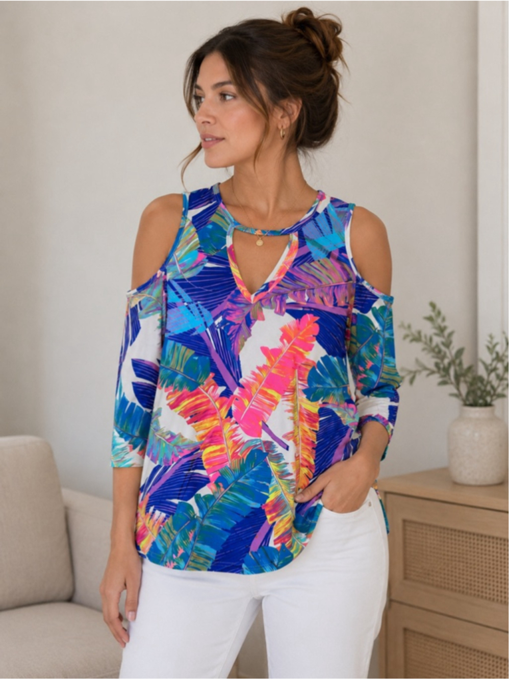 Women's Auditions Multicolor Leaf Print Cold Shoulder Top Size L Summer